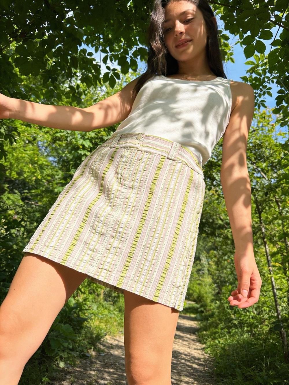 CAbi Striped Mini Skirt in Cream, Lime & Soft Pink